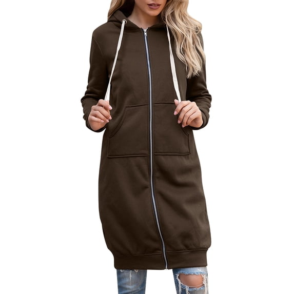 Fimkaul Women's Winter Coats Long Sleeve Casual Tops Fashion Solid Cardigan Hooded Mid Length Jackets Coat Coffee 3XL