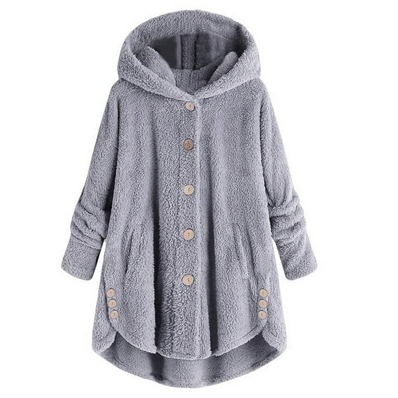 Winter Fall Hooded Jackets for Women Plus Size Button Plush Tops Loose Cardigan Wool Plus Size Jacket Coat