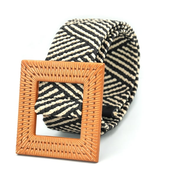 Fimkaul Womens Men Belt Fashion For Dresses Elastic Rattan Waist Band With Wood Buckle Belts