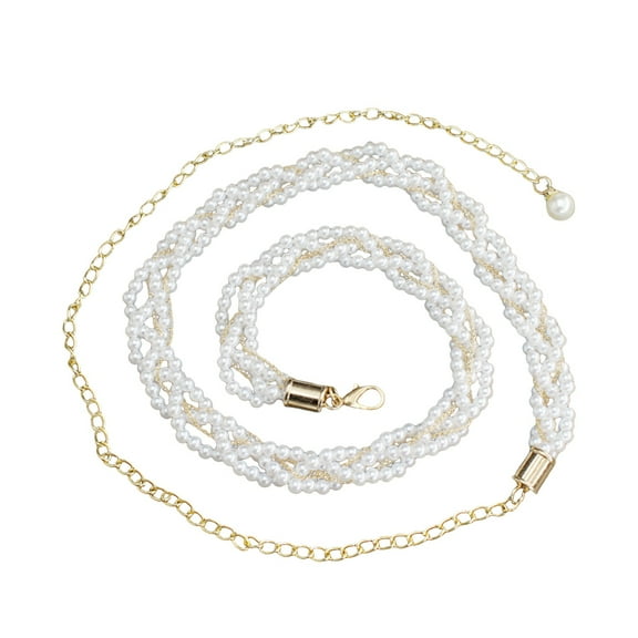 Fimkaul Womens Men Belt Fashion Metal Dress Beaded Hook Waist Chain Pearl Decoration Metal Belt Belts