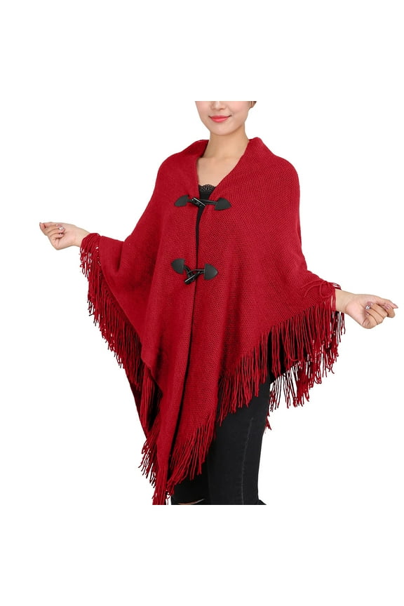 Womens Shawl Wraps Fall Cape Cape Fringe Horn Buckle Solid Irregular Double Fringe Cape Cape Warm Thick Summer Winter Fall