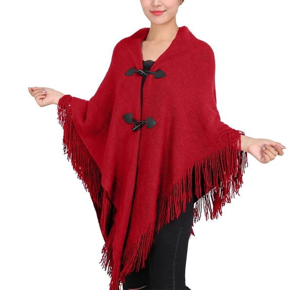 Fimkaul Womens Shawl Wraps Fall Cape Cape Fringe Horn Buckle Solid Irregular Double Fringe Cape Cape Warm Thick Summer Winter Fall