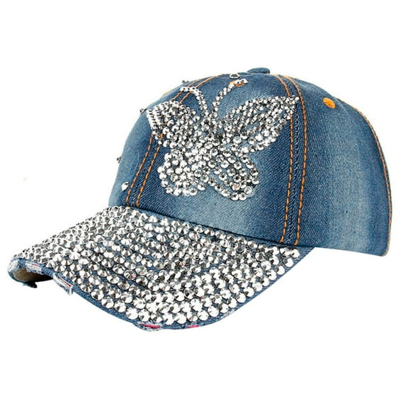 Fimkaul Womens Summer Baseball Cap Flat Hip Snapback Rhinestone Denim Hat Hop Sun Hats for Men