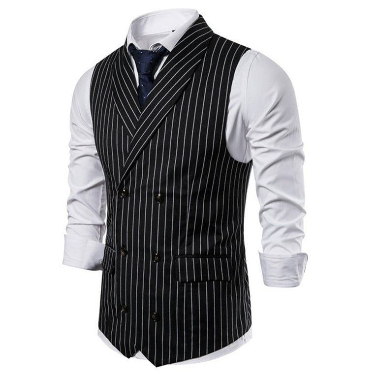 Fimkaule Formal Suit Vest for Men Waistcoat Double breasted Pocket Striped Business Casual Wedding Vest Jacket Coat Dress Suits Vests Tops