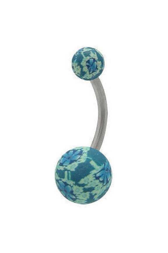 Fimo Beads Blue & Green Flower Design Belly Ring 14G