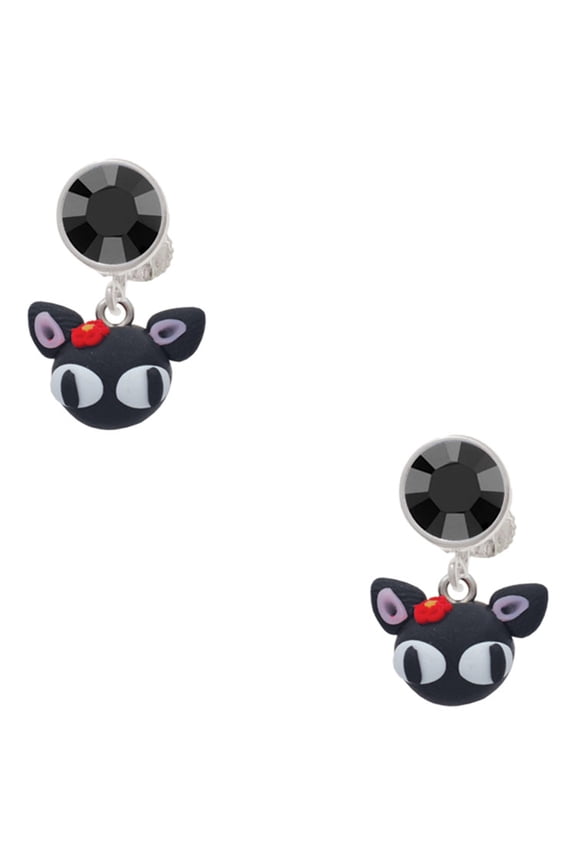 Fimo Clay Cute Kitty Black Crystal Clip on Earrings
