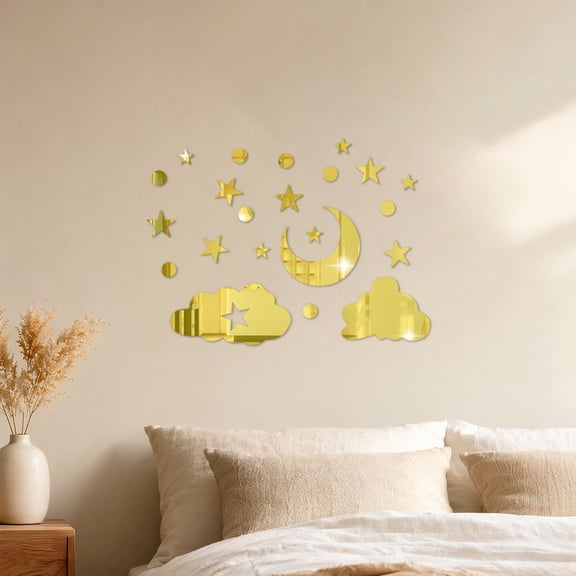 Fimosne 3D Star Moon Cloud Mirror Wall Stickers, Self Adhesive Wall Decals, Removable Sky Theme Wall Decor for Bedroom Kids Room Ceiling Cabinet Doors