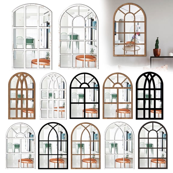 Fimosne Arched Window Mirror Wall Decor, Wooden Frame Acrylic Fake Window Mirror, Self-Adhesive Windowpane Mirror Sticker for Living Room Bedroom Wall Decoration