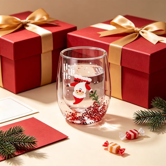 Fimosne Double Layer Glass Cup, with Santa Claus/Small Tree/Stack/Bag Patterns Decor, Quicksand Sequins Clear Borosilicate Glass Cup, 300ml Capacity Coffee Mug