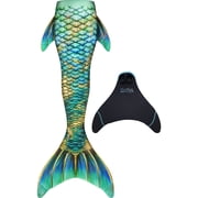 Fin Fun Atlantis - Swimmable Mermaid Tail w/ Reinforced Tips & Monofin | 3D Side & Back Fins - Made w/ Sun Resistant Material - Golden Paradise, Youth 8