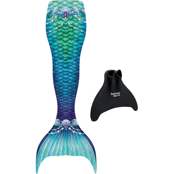 Fin Fun Fantasy Mermaid Tail for Girls and Boys, Monofin for Swimming Included, fits Youth Small to Medium - Teal - New Edition