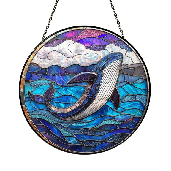 Fin Whale Ocean Suncatcher Hanging Round Window Present Vibrant Glass