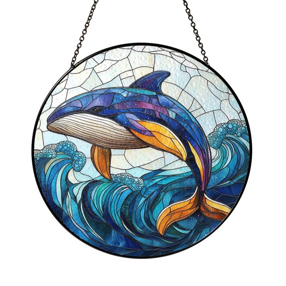 Fin Whale Ocean Suncatcher Hanging Round Window Present Vibrant Glass