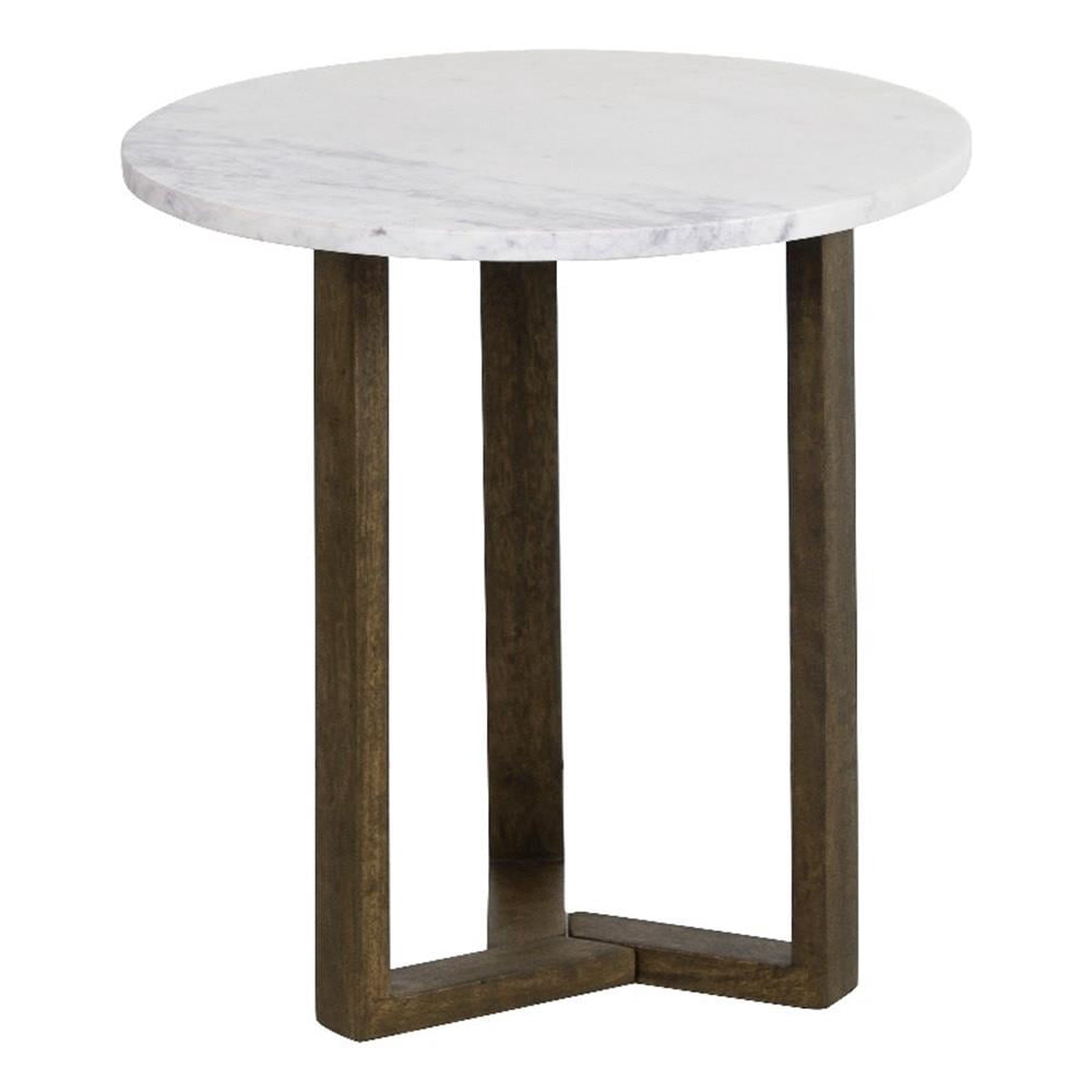 Fina 20 Inch Round Side End Table- White Genuine Marble Top- Brown ...