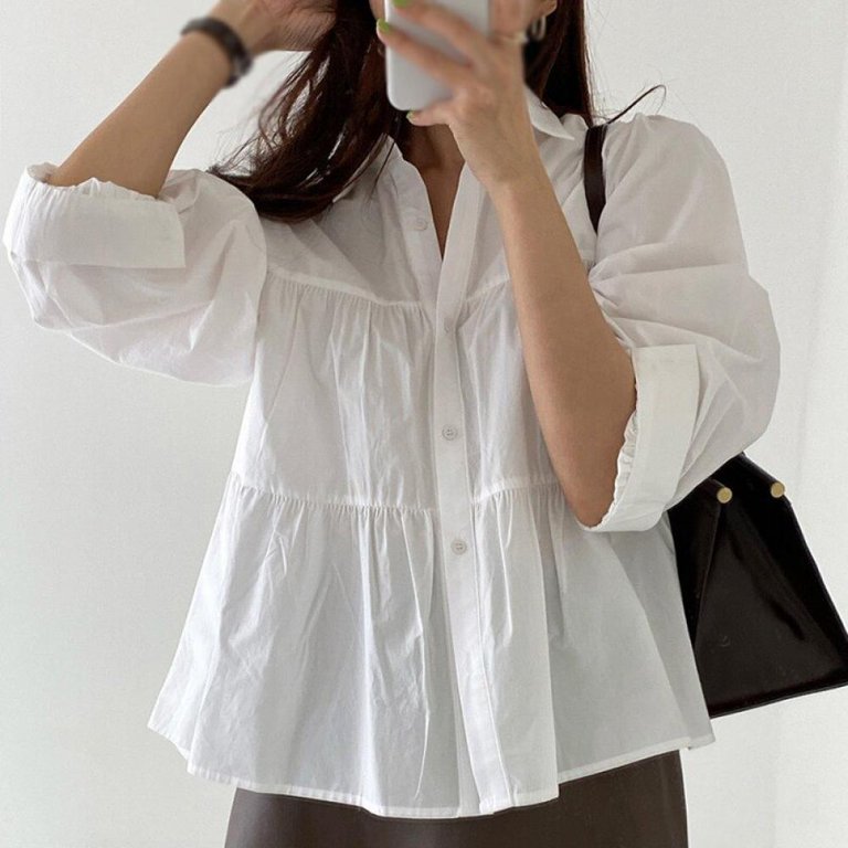 Final Clear Out! Women'S Solid Color Puff Sleeve Shirt Retro Fashion  Versatile Long-Sleeved Loose Single-Breasted Top