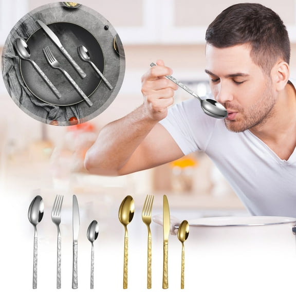 Final Clearance, Four-Piece Stainless Steel Knife, Fork, and Spoon Set, Western Tableware with Wood Grain Handle, Stone Grain Handle Cutlery for Dining and Entertaining, Custom Fit Design