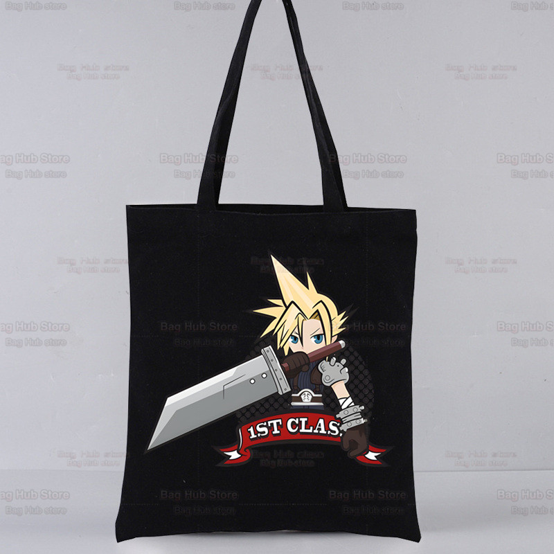 Final Fantasy Cactus Print Canvas Tote Black Bags Harajuku Casual Tote
