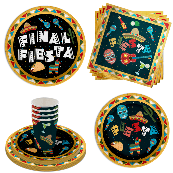 Final Fiesta Party Supplies - Mexican Themed Graduation Party - Bridal Shower Party Supplies 64 Piece Tableware Set Includes Large 9" Paper Plates Dessert Plates, Cups and Napkins Kit for 16