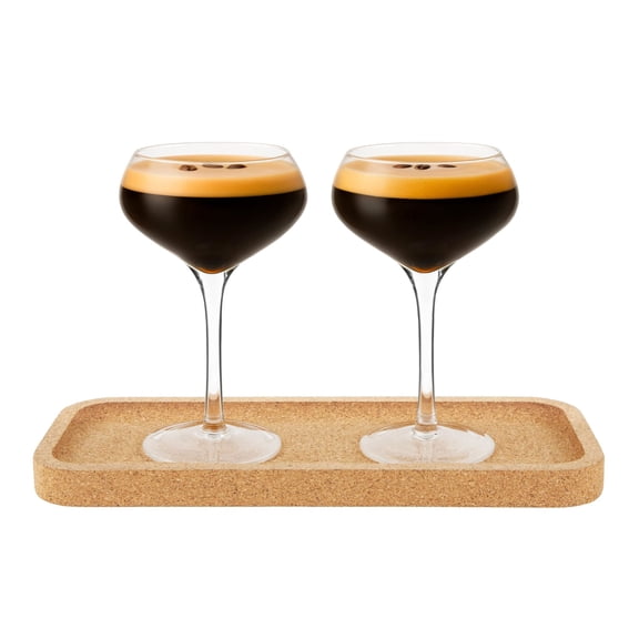 Final Touch Espresso Martini Flight, 3-Piece Cocktail Glass Set with Cork Tray - (2) 10 oz (300 ml) Crystal Coupes for Espresso Martinis, Coffee Cocktails & Bar Presentation - Made of DuraShield Tech