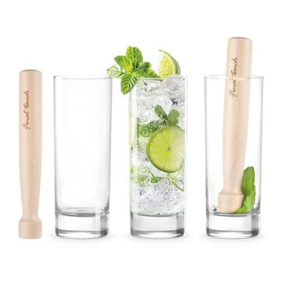 Final Touch Mojito Glasses & Wooden Cocktail Muddler Set - Tom Collins Highball Glassware Set, Lead-Free Drinkware, Dishwasher Safe Mixology Tools for Home Bar & Parties (6-Piece)