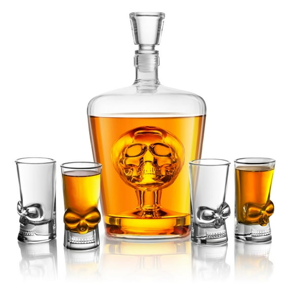 Final Touch Skull Liquor Decanter & Handblown Skull Shot Glass Set - 33.8 Oz Decanter & 1.5 Oz Shot Glass - Intricate Design for Liquor Display, Party, Halloween Decor - Gothic Barware Accessories