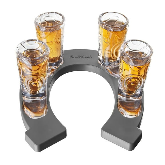 Final Touch Horseshoe Boot Shot Glass Set 4X 1oz Cowboy Boot Glasses with Horseshoe-Shaped Serving Tray Western Design, Non-Slip Feet Ideal for Whiskey, Tequila, Bourbon Shots (GG5027)