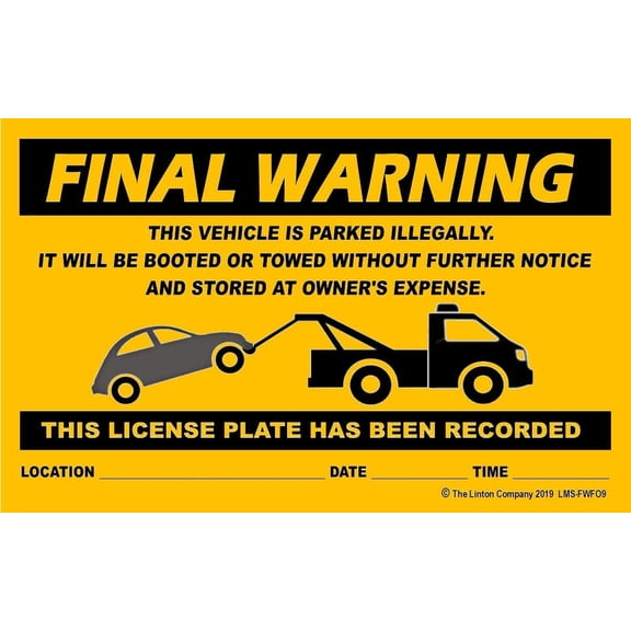 "Final Warning, This Vehicle is Parked Illegally..." Stick-on Labels, 8" x 5", Bold Black on Fluorescent Orange, Adhesive Backing - Pack of 50 Labels