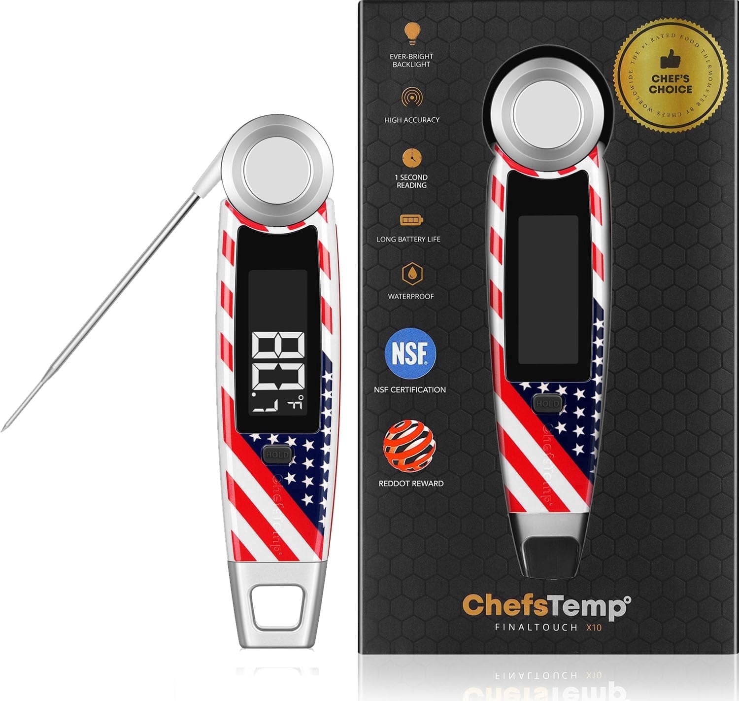 Finaltouch X10 Instant Read Digital Meat Thermometer NSF Certified Waterproof Professional for Cooking Grilling BBQ Baking Candy Oil with Rotating Probe and Backlit Display