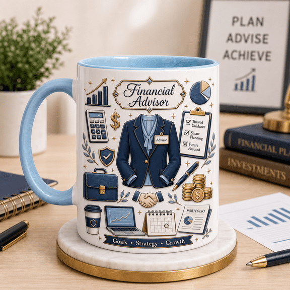Financial Advisor Ceramic Coffee Mugs Blue Handle Finance Gift for Advisors and Planners 11 oz 15 oz
