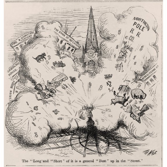 Financial Panic Of 1873. Thomas Nast Cartoon Showing An Explosion Blowing Up Northern Pole R.R. Co. History