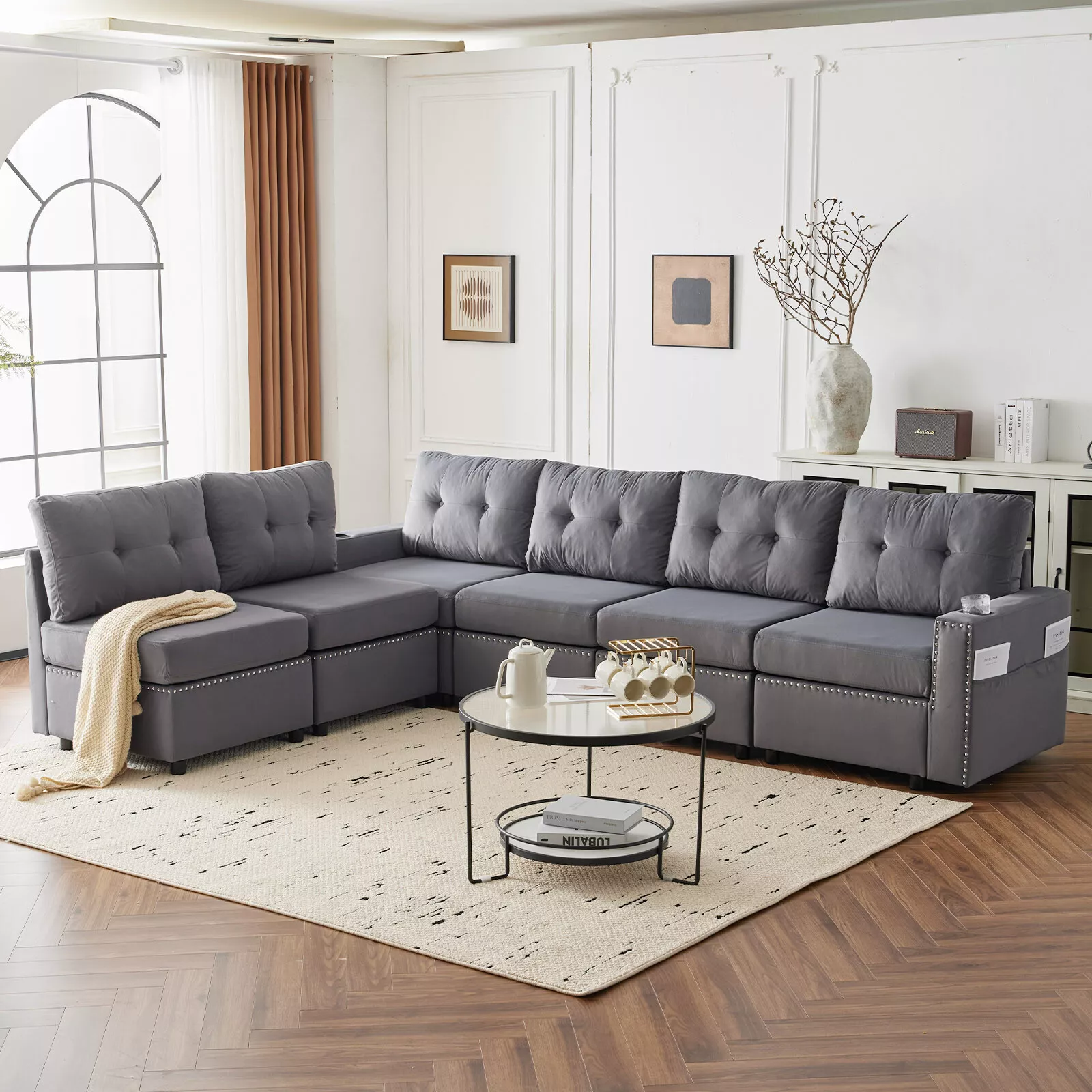 Finatro 6-seater Oversized Modular Couch with storage space, sectional couches for living room  velvet sofa (114 inches, dark gray)