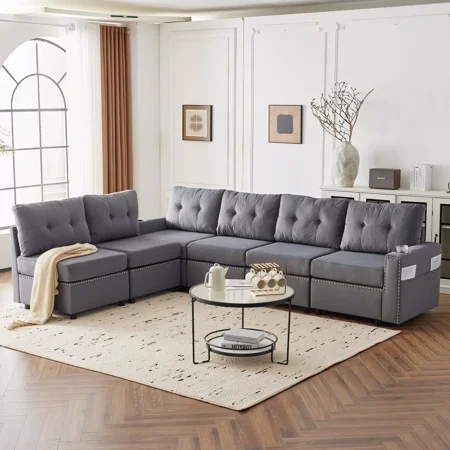Finatro 6-seater Oversized Modular Couch with storage space, sectional couches for living room velvet sofa (114 inches, dark gray)