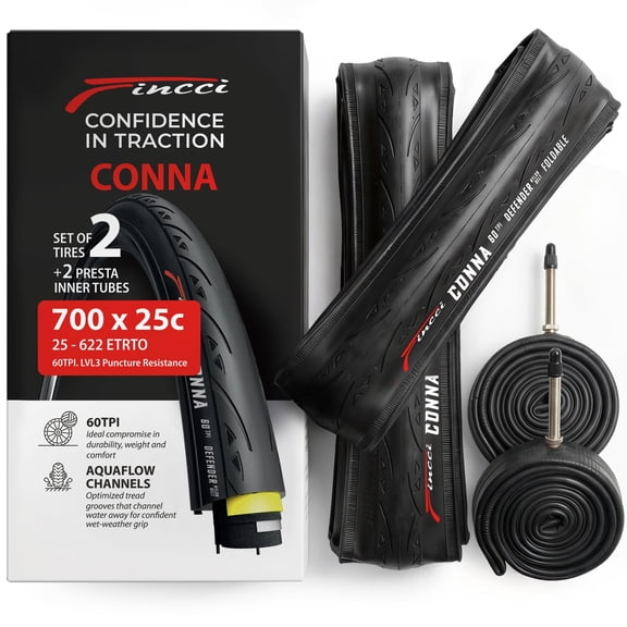 Fincci 700x25c Bike Tires with Inner Tubes (25-622) Foldable Anti-Puncture for Road, Racing, and City Bikes, Set of 2
