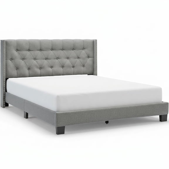 Finch Adler Queen Platform Bed Frame, Gray Upholstered Bed with Diamond Tufted Wingback Headboard, Wood Slat Support, No Box Spring Needed