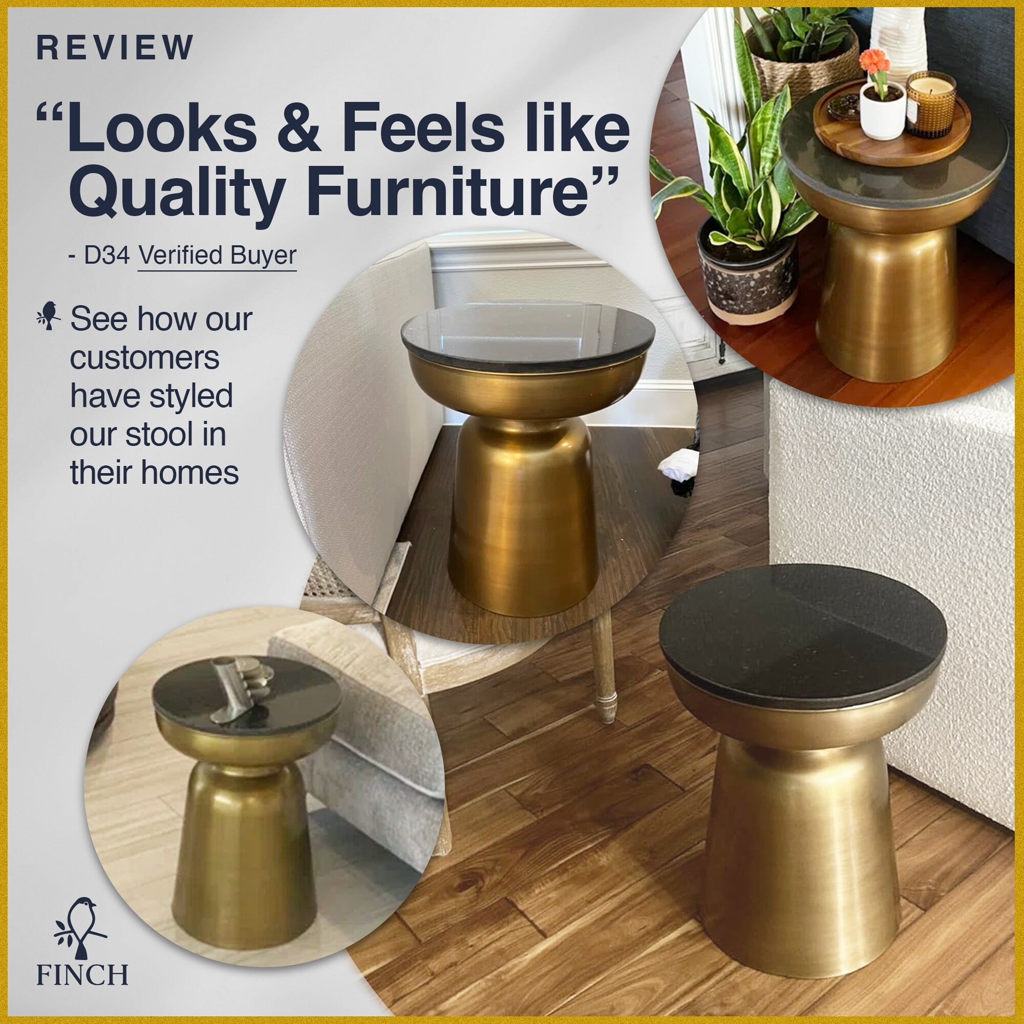 Adler 16" Round Black Granite Top Brass Metal Side Table