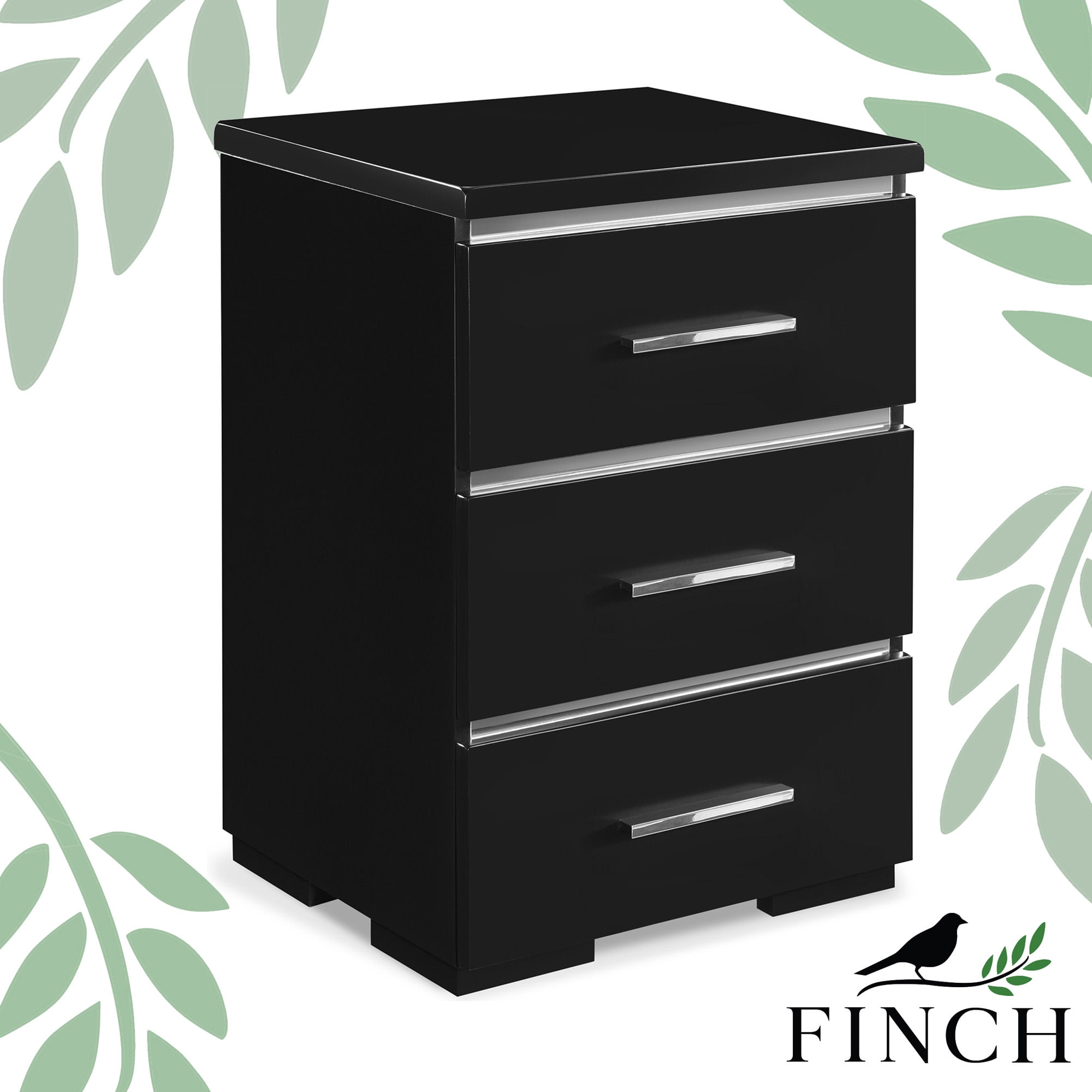 Belmont 3-Drawer Black Nightstand with Chrome Accents