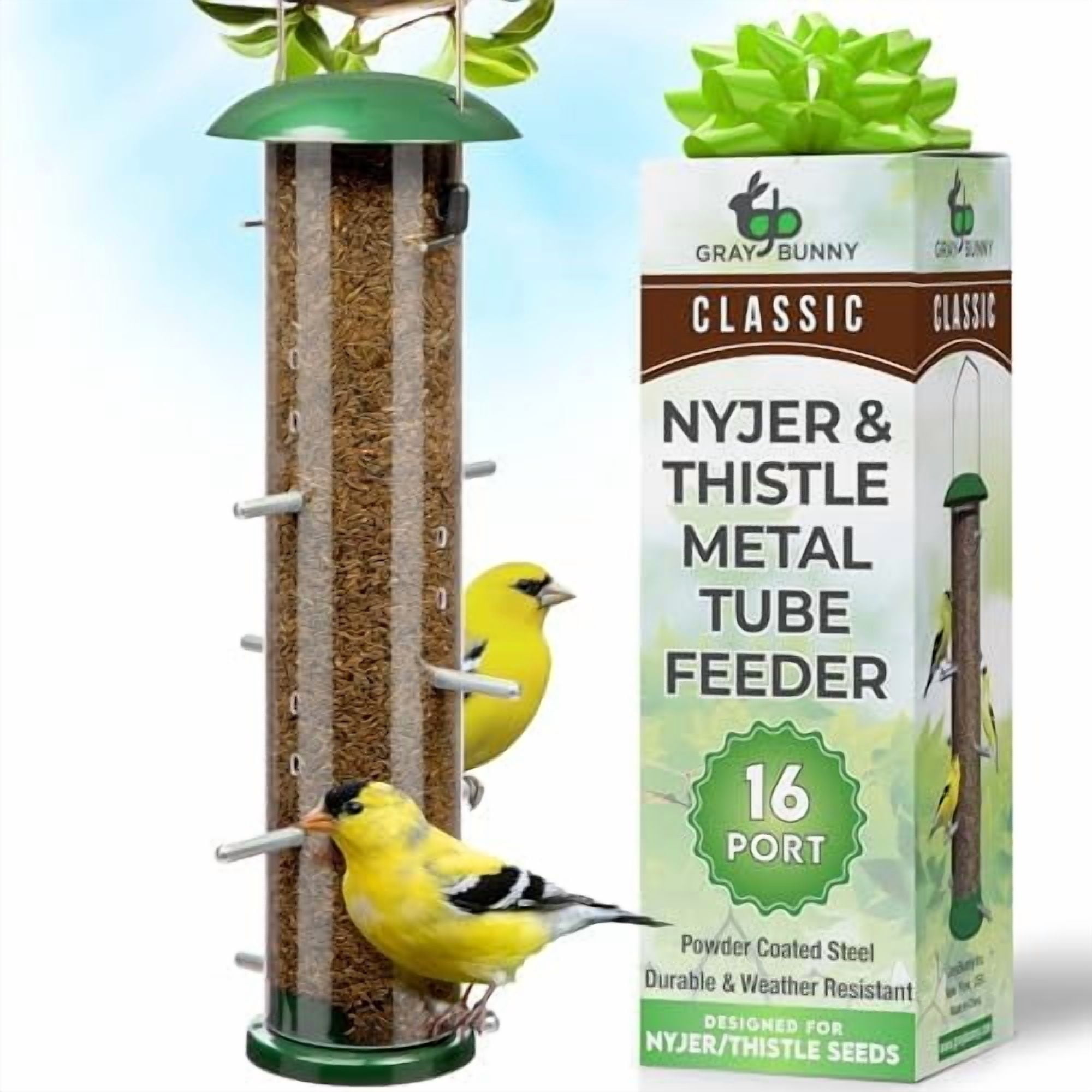 Finch Bird Feeder for Outdoors (16 Ports) Thistle & Nyjer Seed Hanging Feeder with 16 Ports and 8 Metal Perches, Chew-Proof Metal Design for Wild Birds$$Garden & Patio