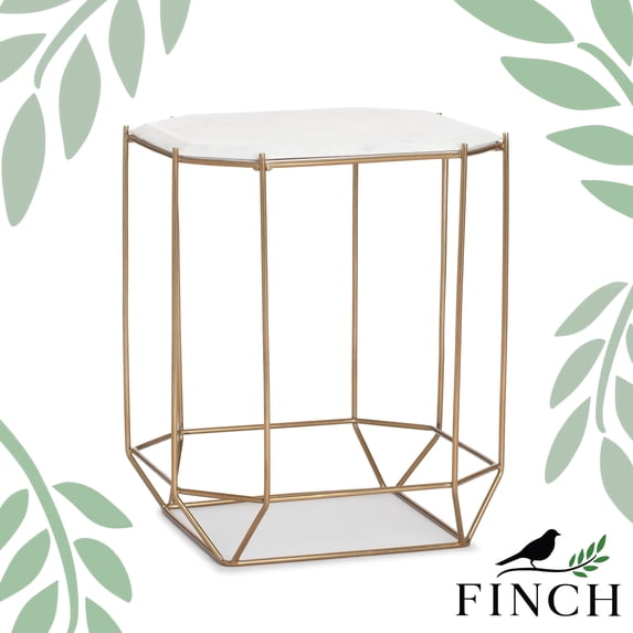 Finch Colton Solid Marble Top Accent Table with Gold Metal Base White Gold
