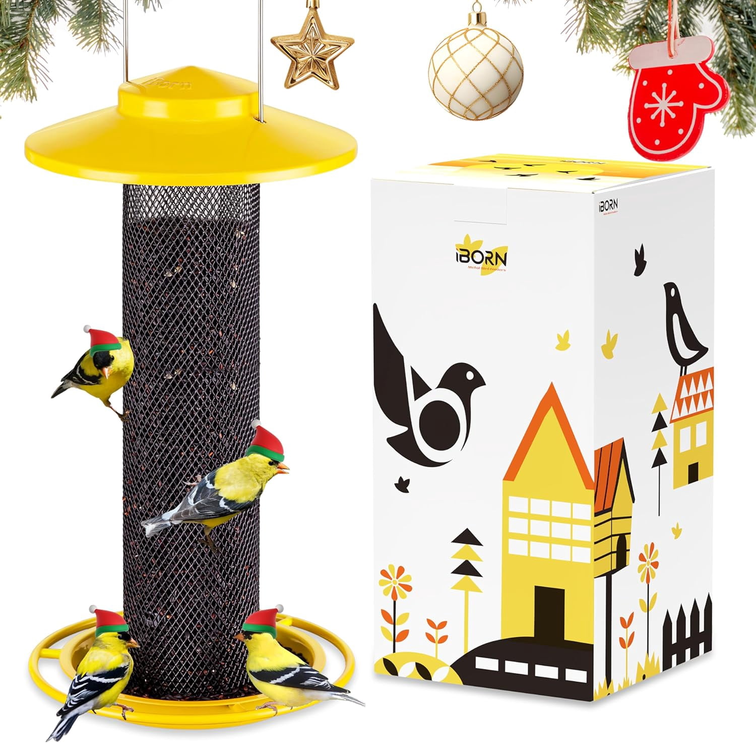 Finch Feeders for Outside,Thistle Bird Feeders for Outdoors Hanging,Nyjer Seed Feeder,Metal Mesh Tube Bird Feeder 13.5 Inch with 17cm Weatherproof Large Roof and Tray,2 LB Capacity,Yellow