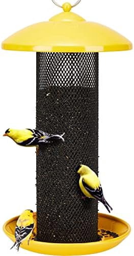 Finch Feeders for Outdoors Hanging, Metal Mesh Tube Bird Feeder for Nyjer/Thistle Seed, 2.5 lbs Large Capacity (Yellow)