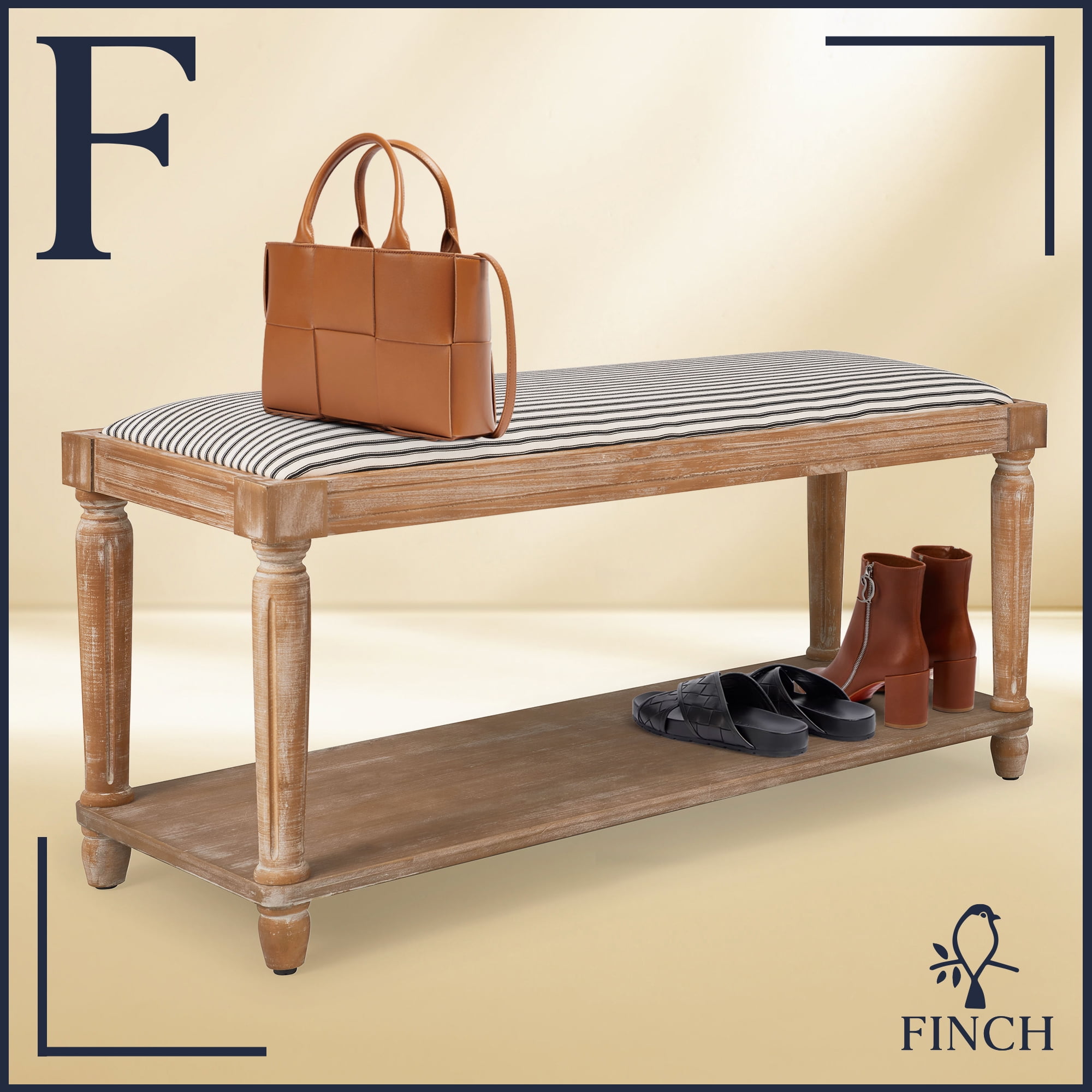 Distressed Natural Cottage-Style Upholstered Bench with Storage