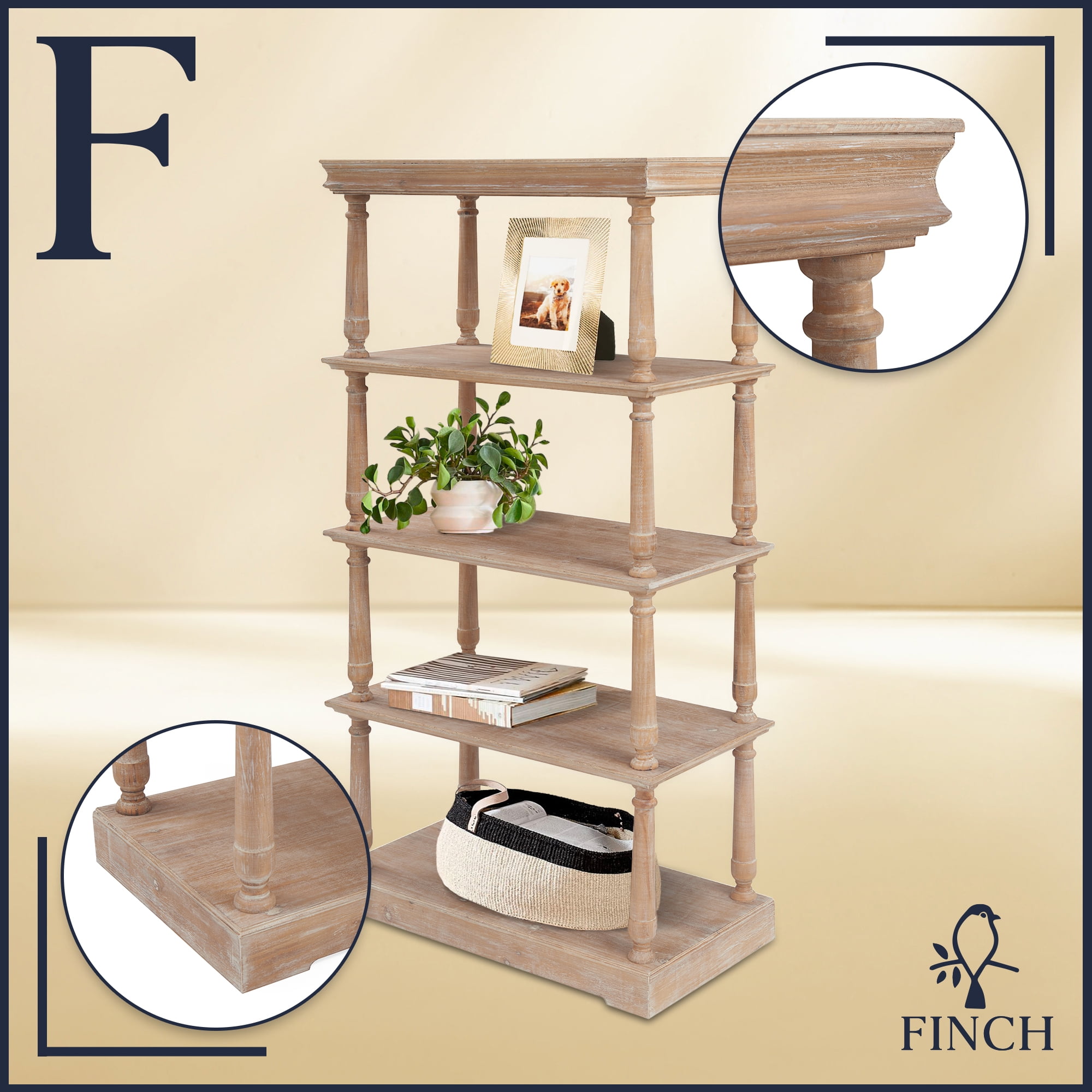 Maxwell Natural Wood 60" 4-Tier Bookshelf with Distressed Finish