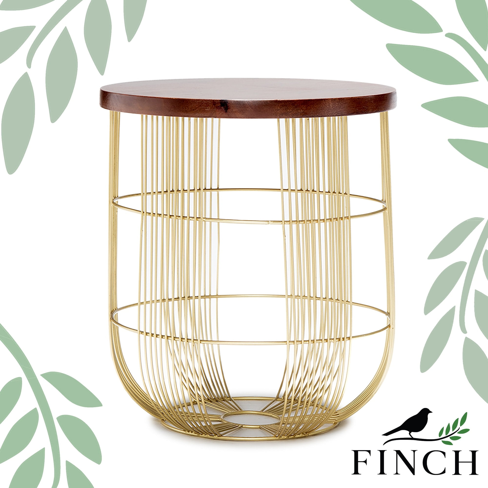 Maxwell Gold Metal Wire Base Round Side Table with Dark Brown Wood Top