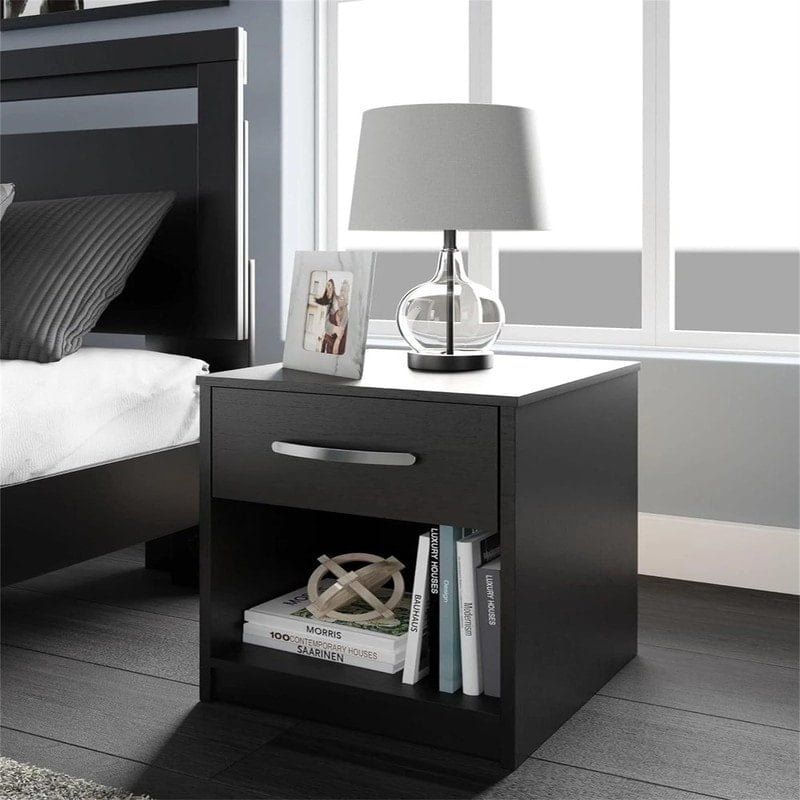 Black Transitional 1-Drawer Nightstand with Open Cubby