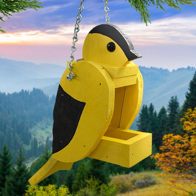 Yellow Finch Shaped Hanging Wood and Plastic Bird Feeder