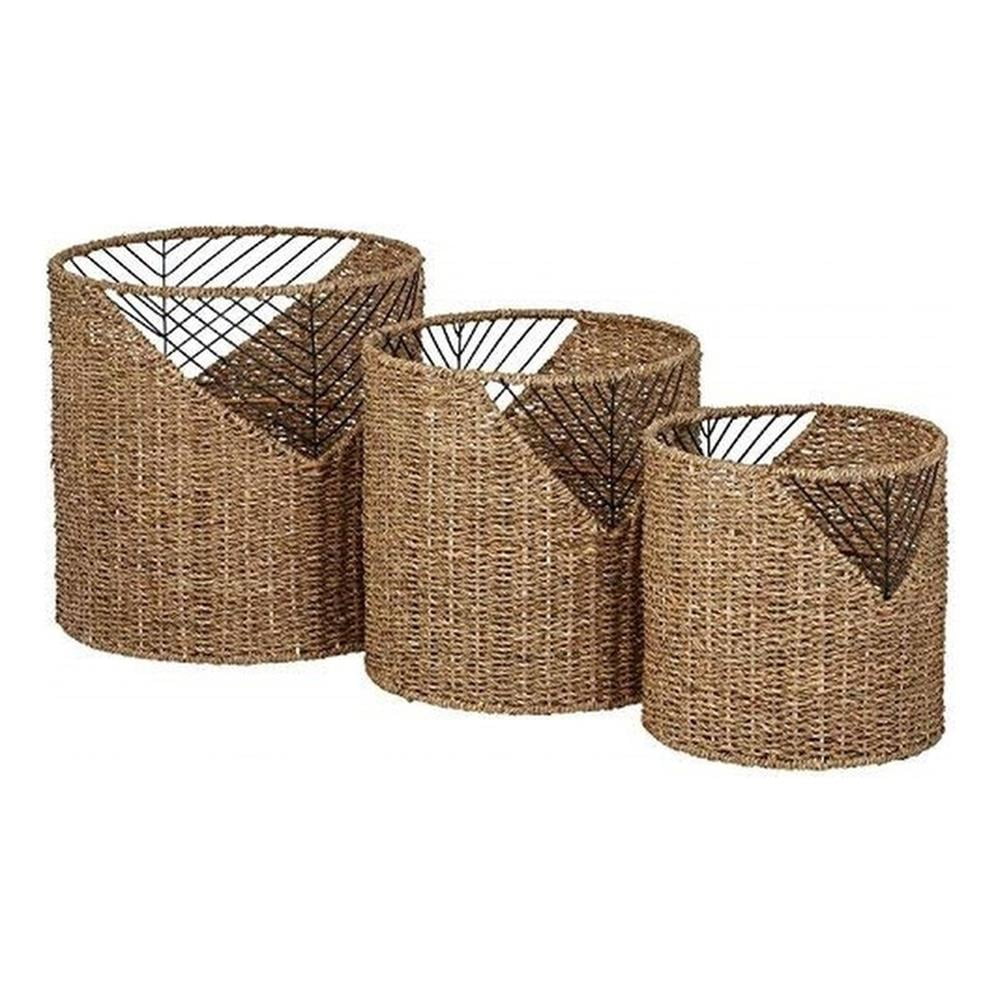 Set of 3 Round Seagrass and Black Metal Storage Baskets