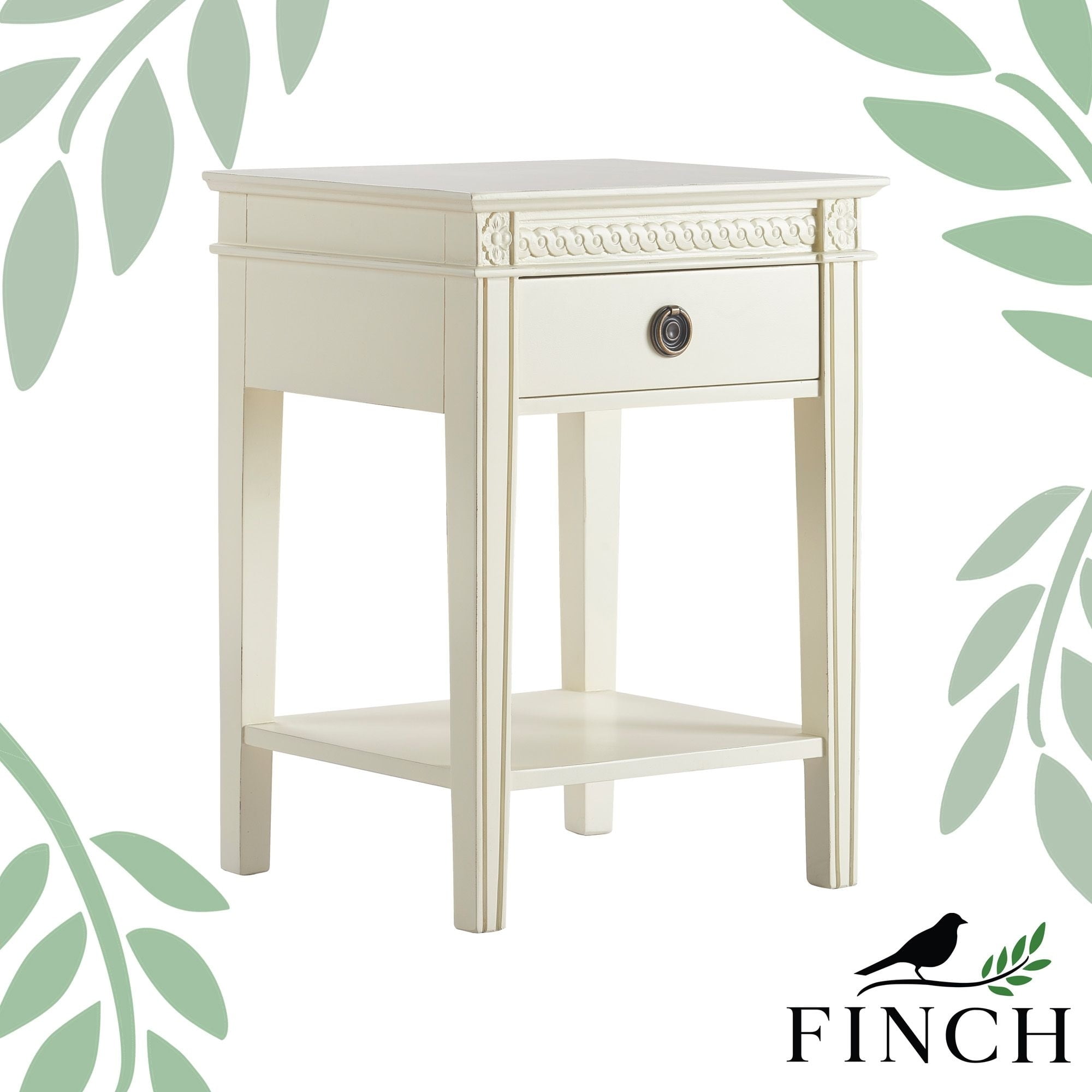Vintage Cream Wood End Table with Storage Drawer