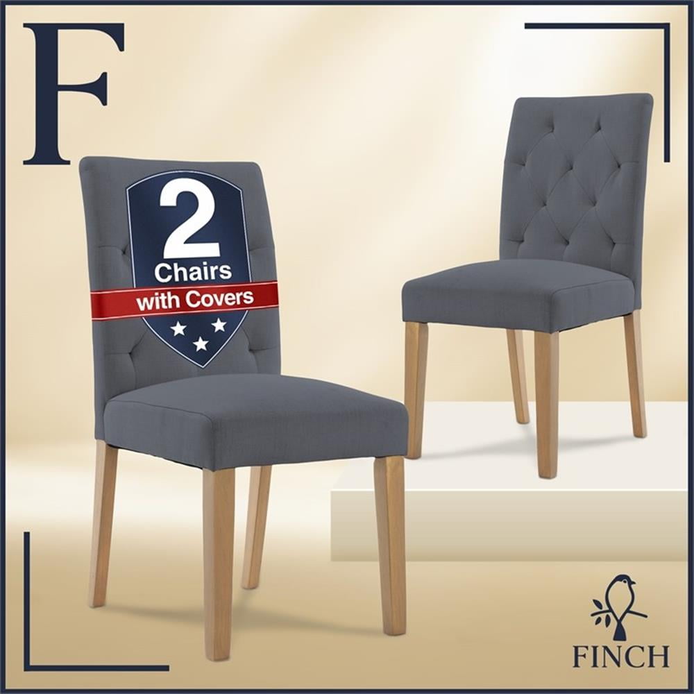 Gray Upholstered Tufted Side Chair with Wood Legs, Set of 2