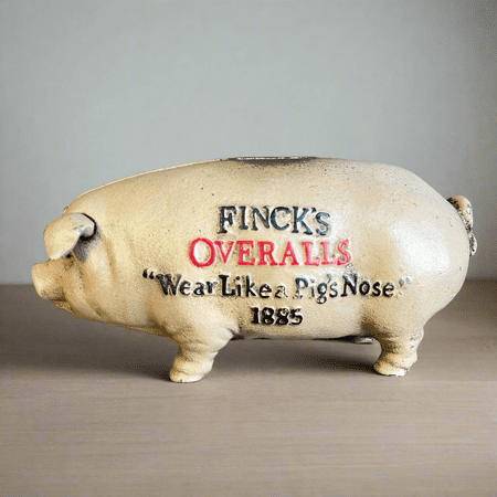 Finck's Overalls 1885 Cast Iron Coin Bank With Raised Lettering Antique Finish (8" x 3" x 3.75")