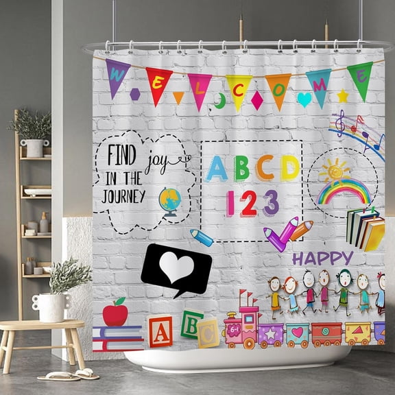 Find Joy in The Journey Shower Curtain Welcome Flags Books Cartoon Train White Brick Wall Shower Curtains for Kids Bathroom Bathtub Camping Hostel Hotel Decor with Hooks 72x72 Inches
